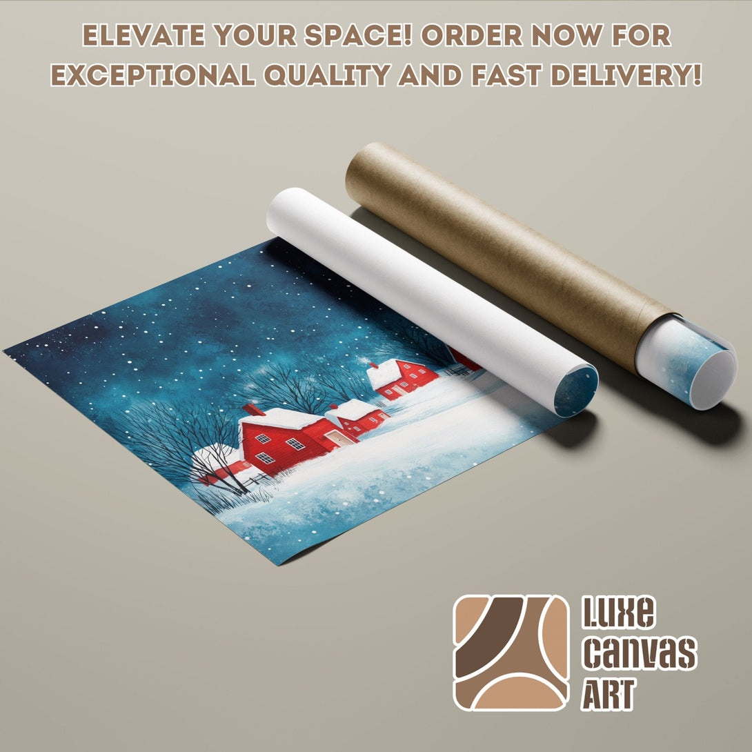 Poster Roll featuring a winter landscape with red houses, blue and white color palette.