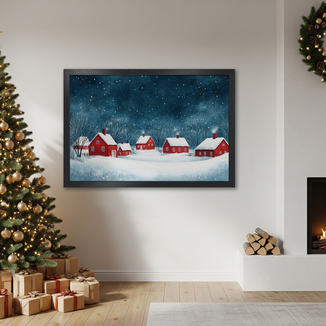 Framed Poster: Winter scene with red houses, watercolor style, blue & white palette. Perfect Christmas decor!