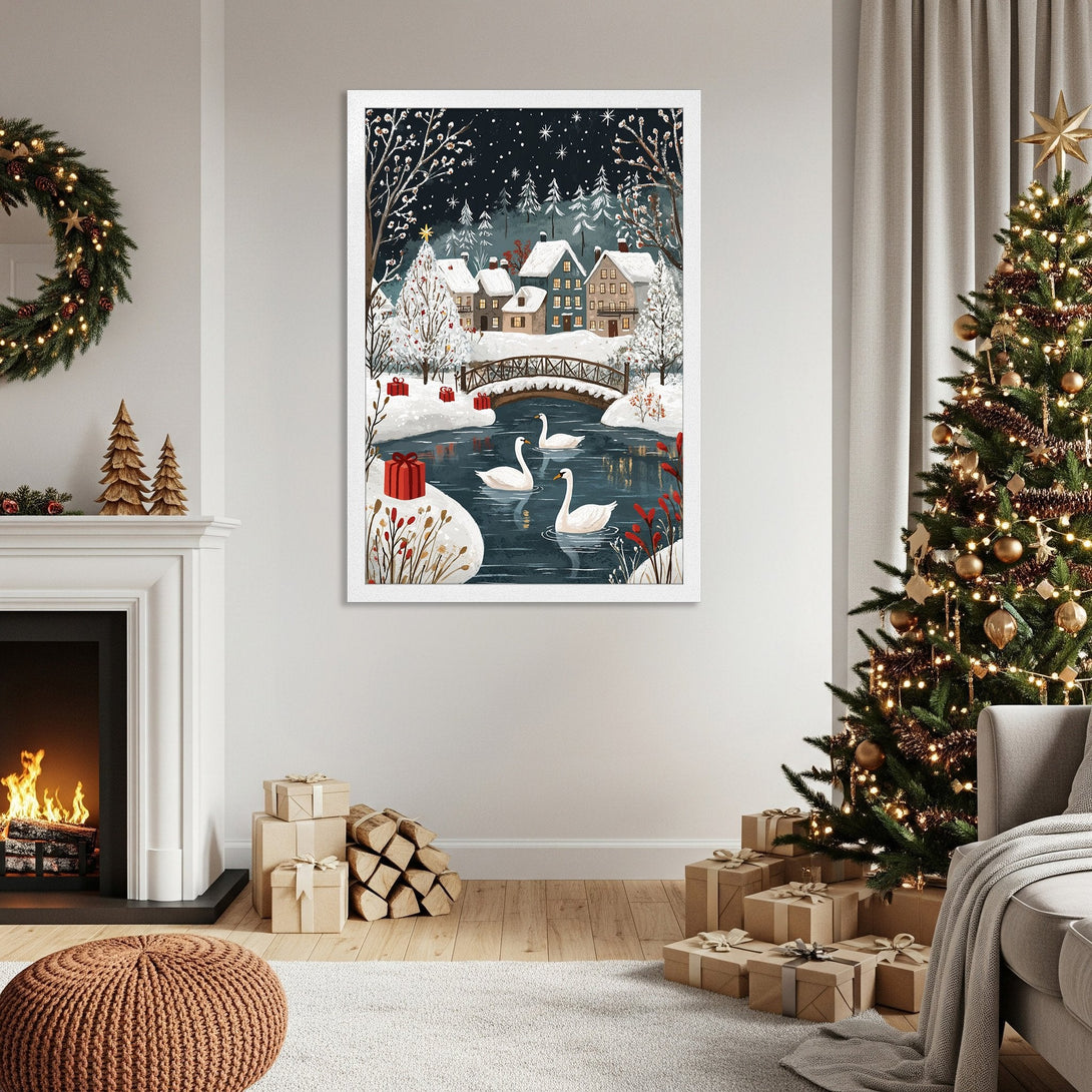 Framed Poster of winter scene with swans, houses, and snow. Cozy style with blue, white, and red color palette. Perfect holiday decor!