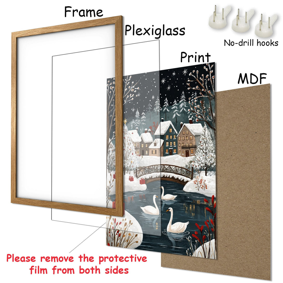 Framed Poster featuring a winter village scene with swans, in a cozy, illustrative style with a muted, cool color palette.
