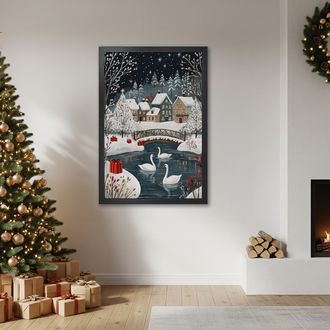 Framed Poster featuring a winter village scene with swans, in a whimsical style with a blue and white color palette, perfect for holiday decor.
