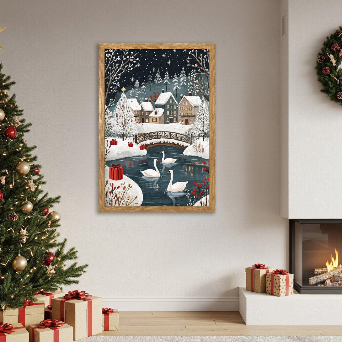 Framed Poster featuring a winter village scene with a whimsical style and a blue, white, and red color palette. Perfect holiday decor!