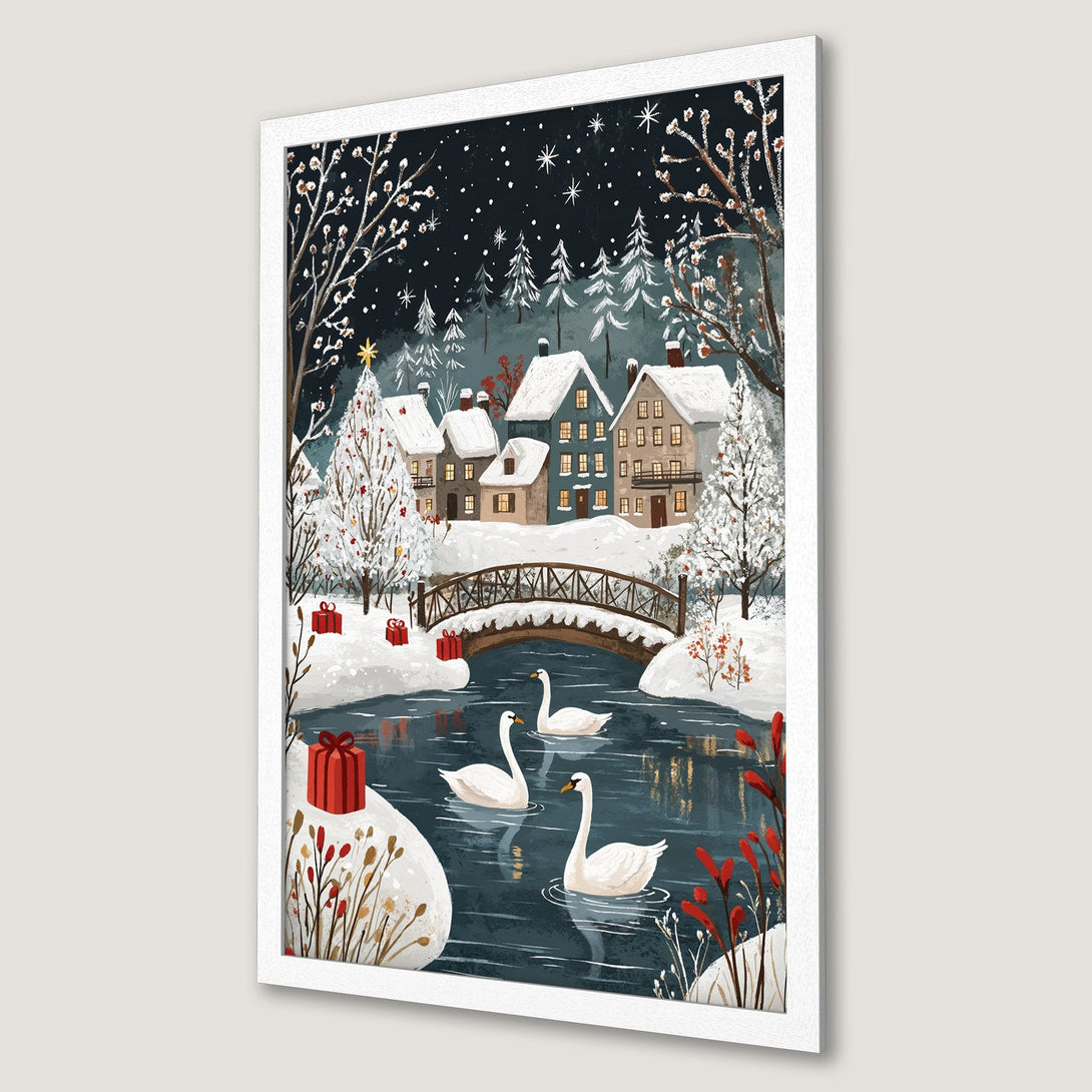 Framed Poster of a winter village scene with swans, in a whimsical style with a blue, white, and red color palette. Perfect holiday wall art.