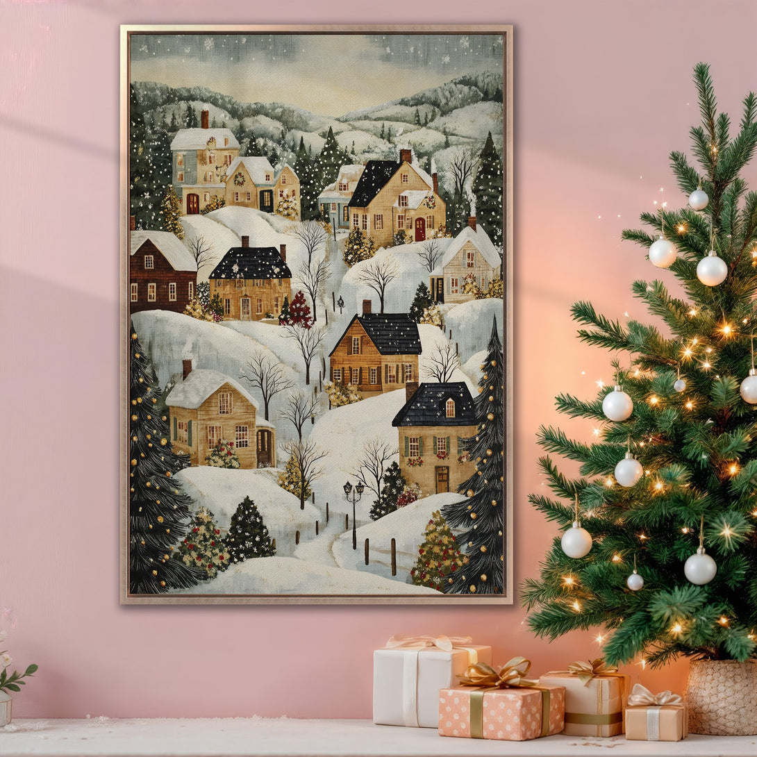 Framed Wall Art: Winter village scene in neutral tones. Cozy, vintage-style painting with snow-covered houses. Perfect Christmas decor for a warm, inviting space.