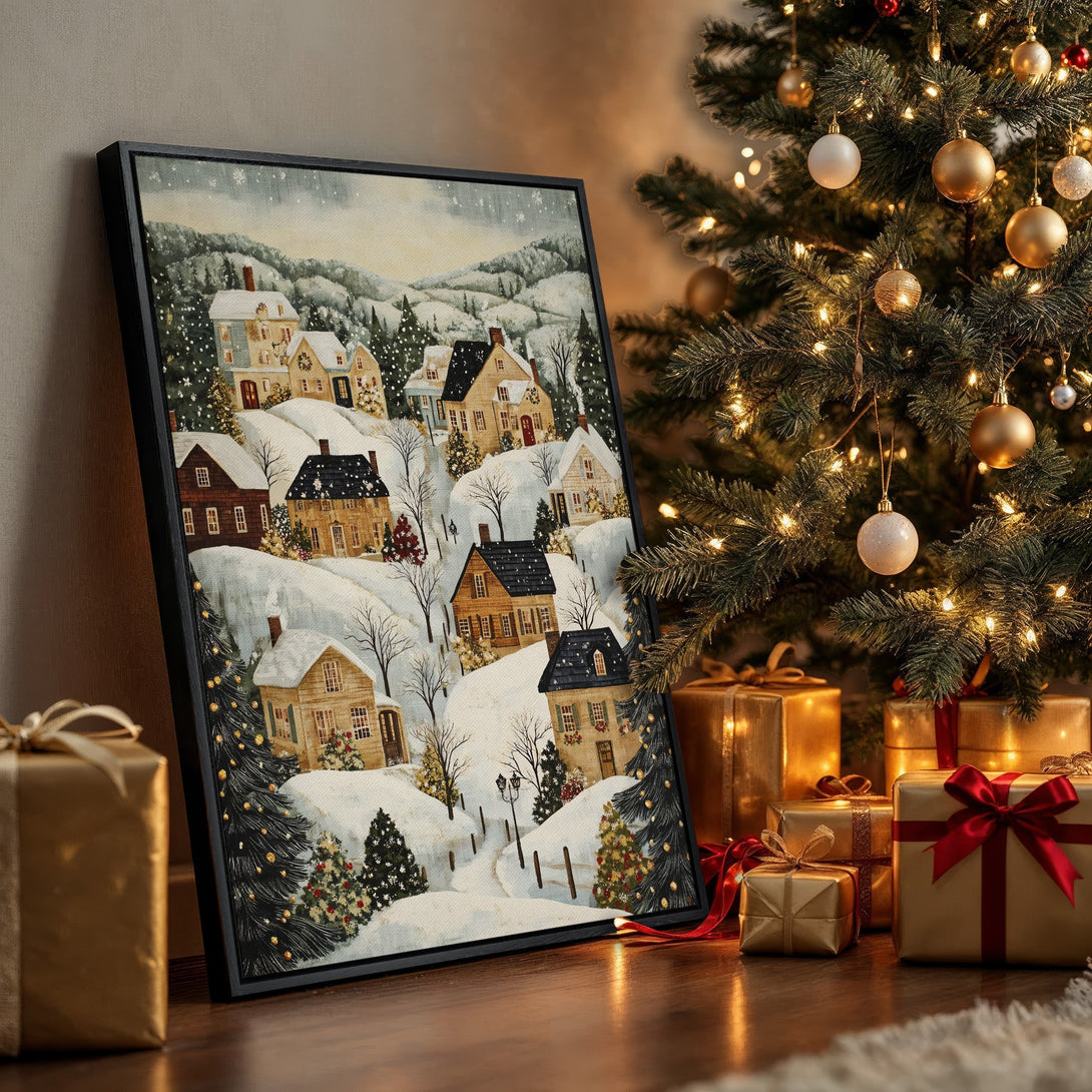 Framed Wall Art: Cozy winter village scene in a warm, neutral palette. Perfect holiday decor! Adds a touch of rustic charm to any space.