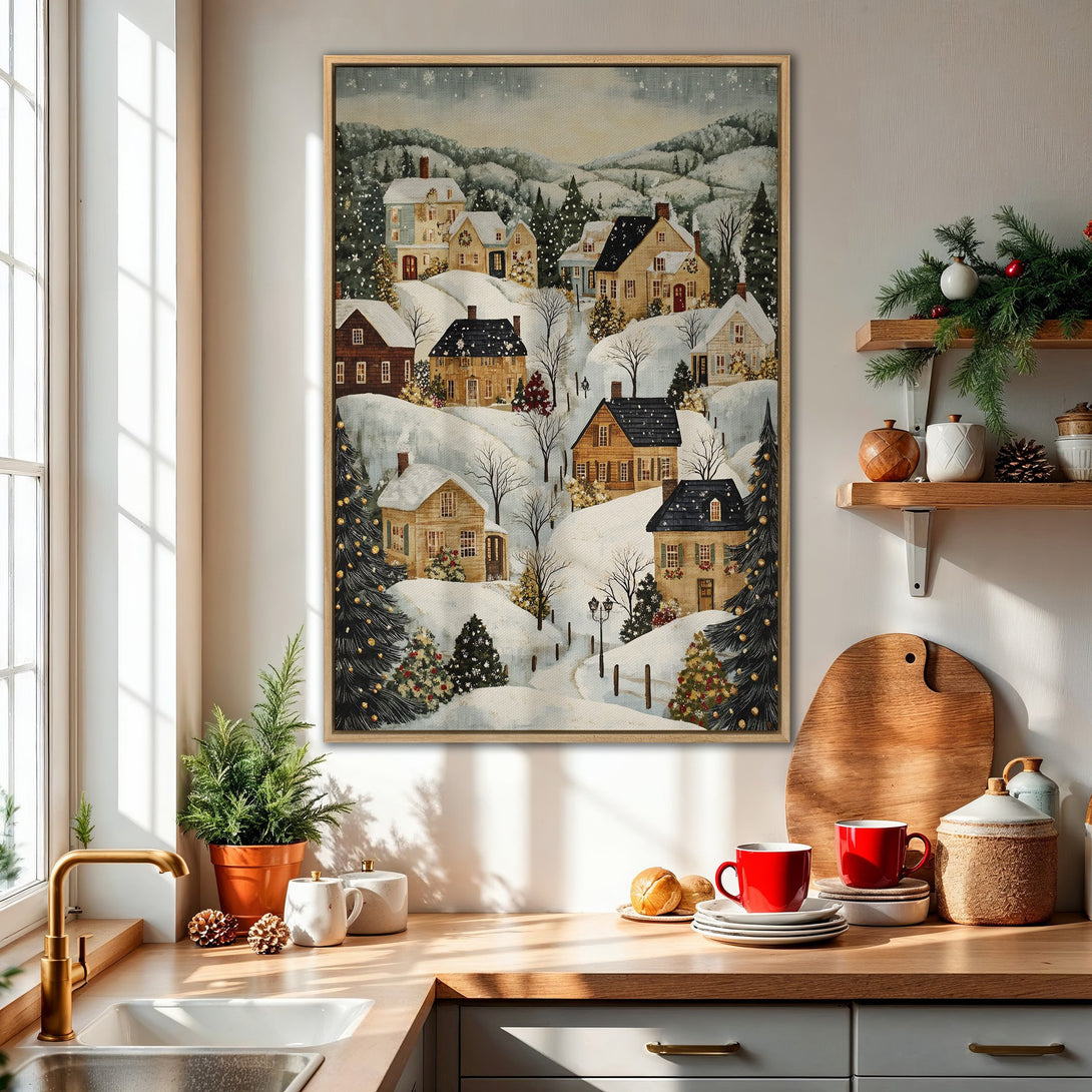 Framed Wall Art featuring a charming winter village scene. Rustic style with a warm, neutral color palette. Perfect for cozy home decor!