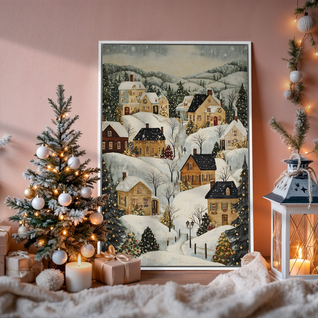 Framed Wall Art: Winter village scene in soft, muted tones. Cozy holiday decor with a warm, inviting feel. Perfect for adding a touch of seasonal charm.
