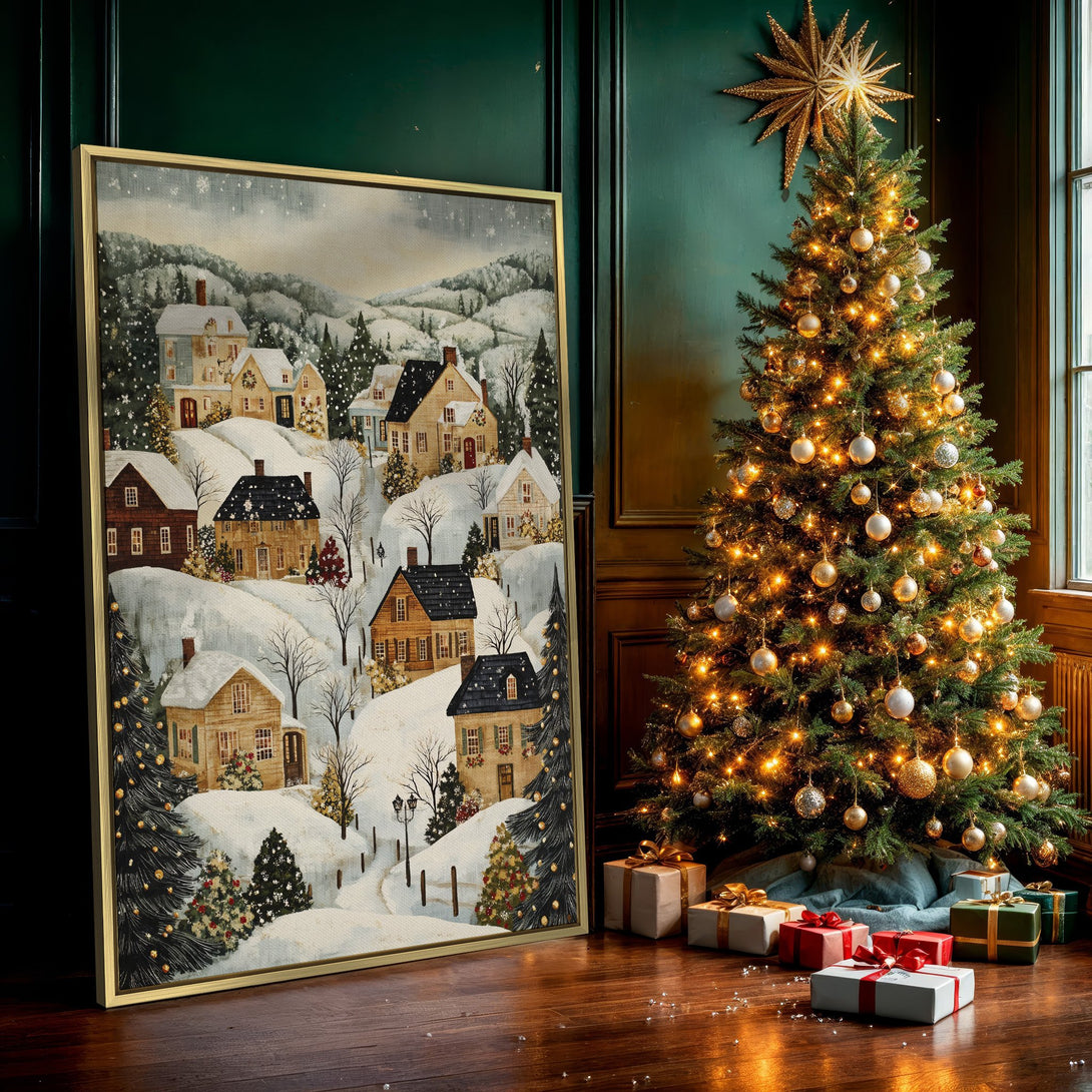 Canvas Print of a snowy village scene, featuring cozy homes in a warm, neutral color palette. Perfect for Christmas decor!