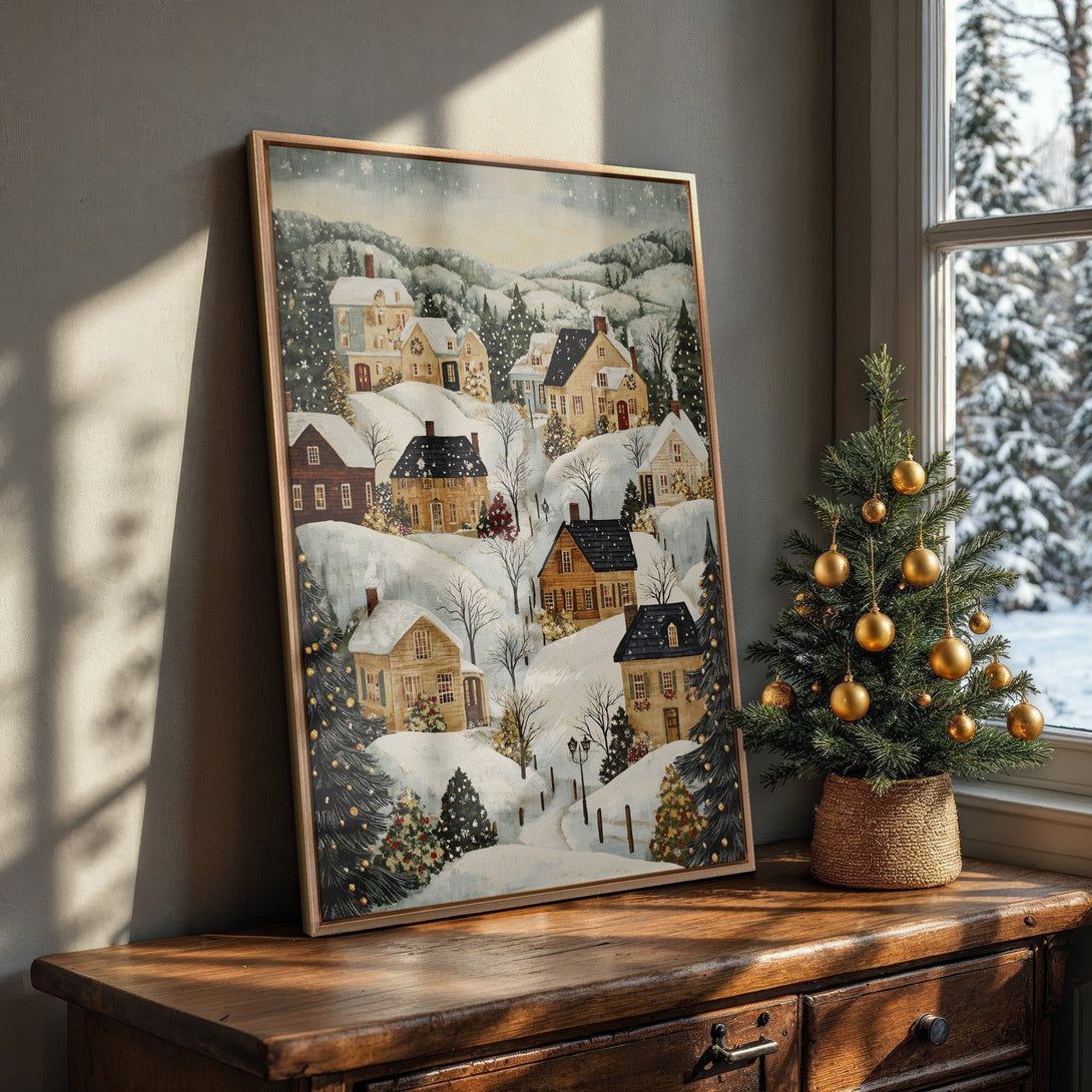 Framed Wall Art: Winter village scene in warm, inviting tones. Cozy, vintage style canvas print perfect for holiday decor. Shop now!