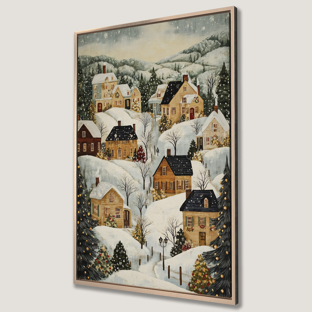 Framed Wall Art featuring a charming winter village scene. Warm, inviting color palette with snow-covered houses and trees. Perfect for holiday decor.