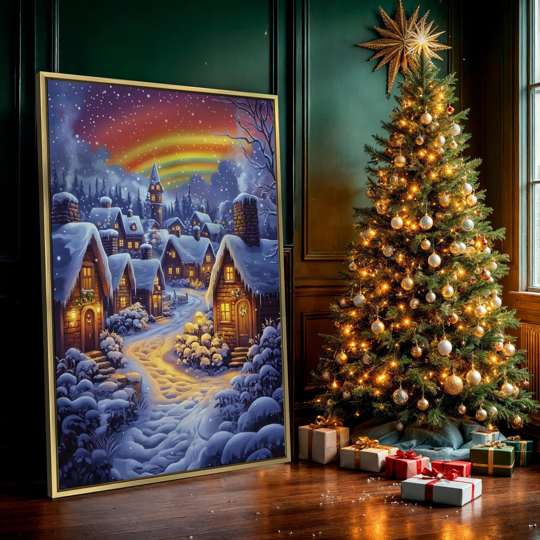 Canvas Print of a winter village scene, featuring a colorful rainbow. Cozy, whimsical artwork in blues, oranges, and yellows. Perfect for holiday decor!
