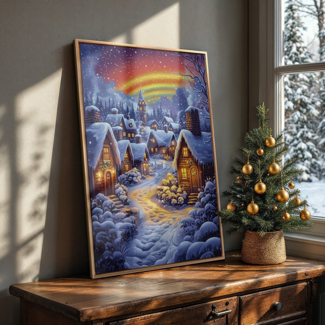 Framed Wall Art: Winter village scene with rainbow, in a cozy blue and gold color palette. Perfect for holiday decor!