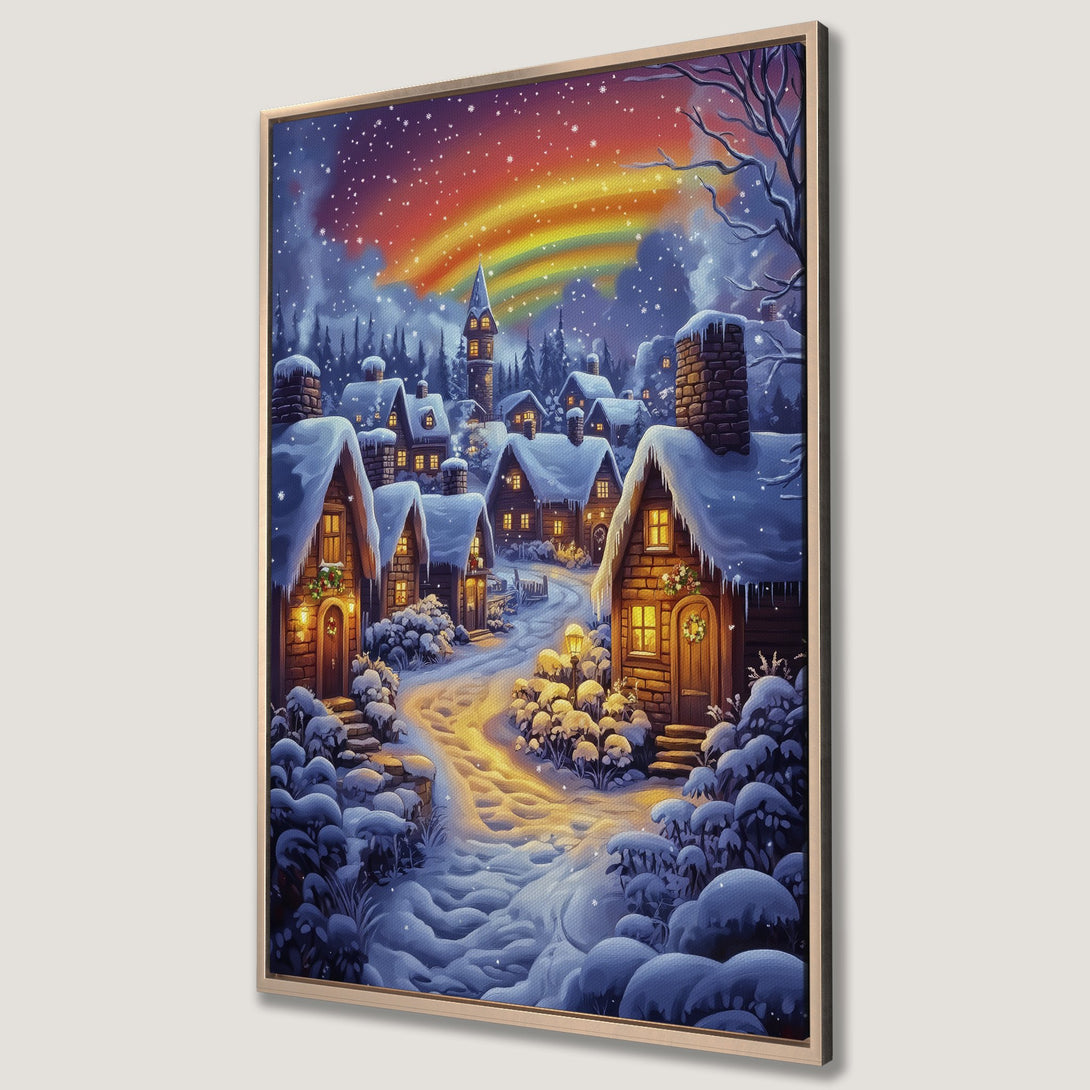 Framed Wall Art of a cozy winter village scene with a rainbow. Features a warm, inviting color palette of blues, golds, and oranges. Perfect for holiday decor!