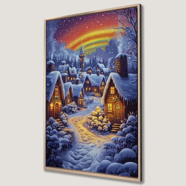 Framed Wall Art of a cozy winter village scene with a rainbow. Features a warm, inviting color palette of blues, golds, and oranges. Perfect for holiday decor!
