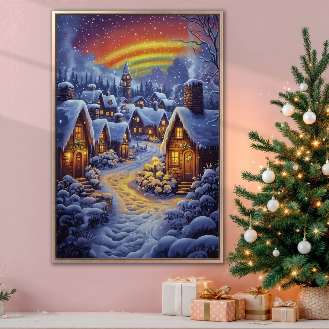 Framed Wall Art: Winter village scene Canvas Print. Cozy illustration with snow, warm light, and a rainbow. Perfect for holiday decor, featuring blue, gold, and orange hues.