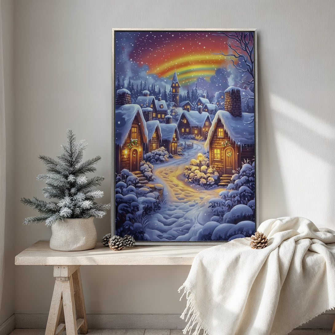 Framed Wall Art: Cozy winter village scene in a whimsical style with a warm, inviting color palette. Perfect for adding a touch of holiday cheer to your home.