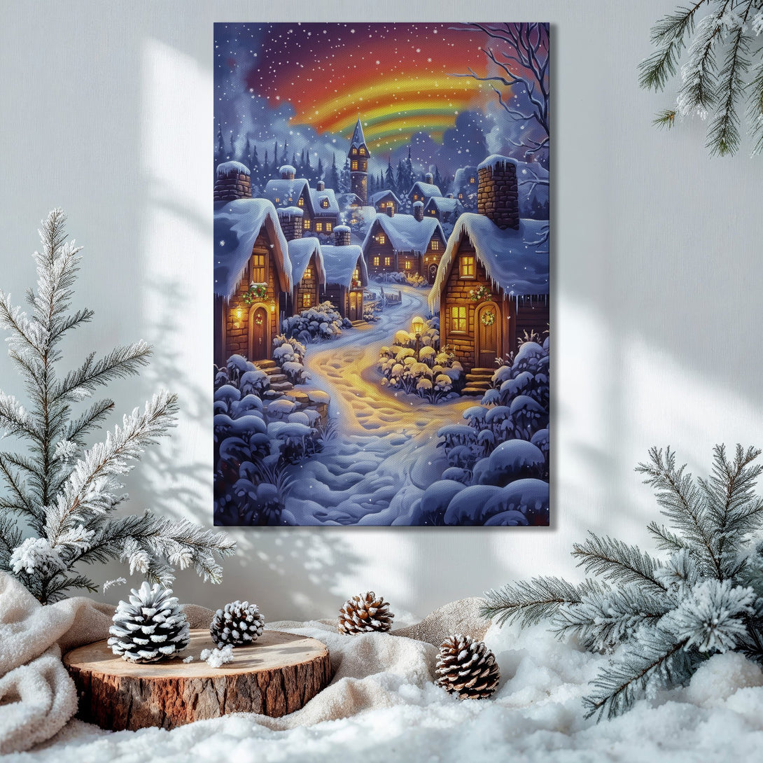 Framed Wall Art: Winter village scene with a rainbow. Cozy, warm tones of blue, gold, and orange. Perfect holiday decor.