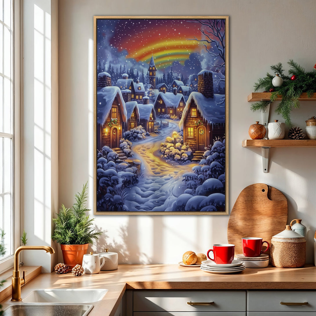 Framed Wall Art: Winter village scene with a rainbow, warm yellow and blue tones, perfect for cozy home decor.