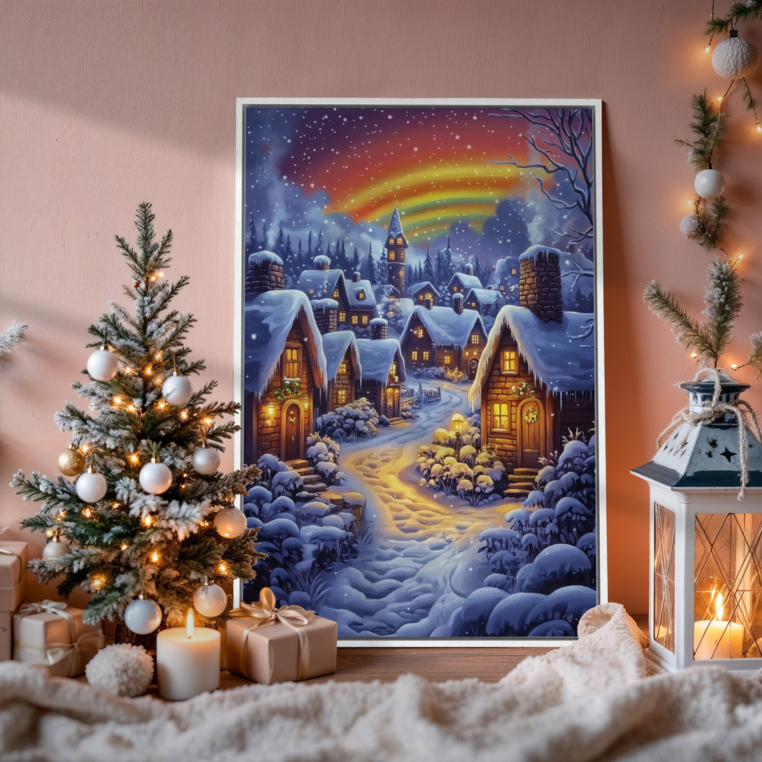 Framed Wall Art: Winter village scene with a rainbow, in a whimsical style. Featuring blue, white, and warm yellow tones, perfect for cozy decor.