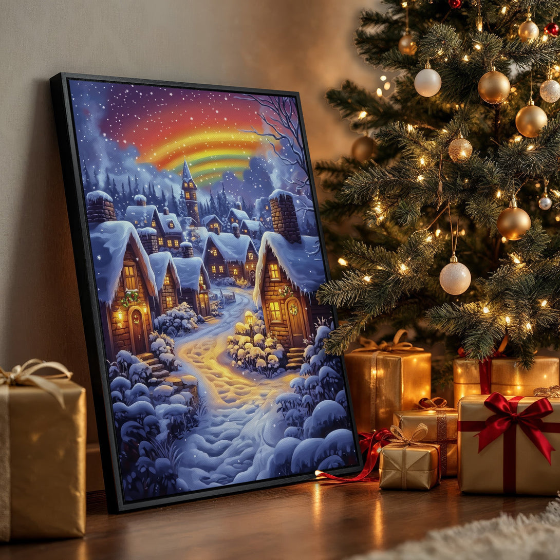 Framed Wall Art featuring a winter village scene with a rainbow, in a cozy, warm color palette. Perfect for holiday decor!