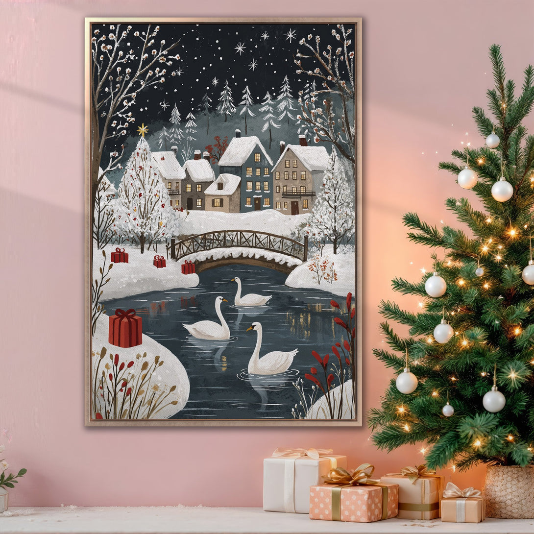 Framed Wall Art: Winter landscape Canvas Print with swans, snowy village, and bridge. Featuring a cozy, whimsical style in blue, white, and red hues. Perfect Christmas decor.