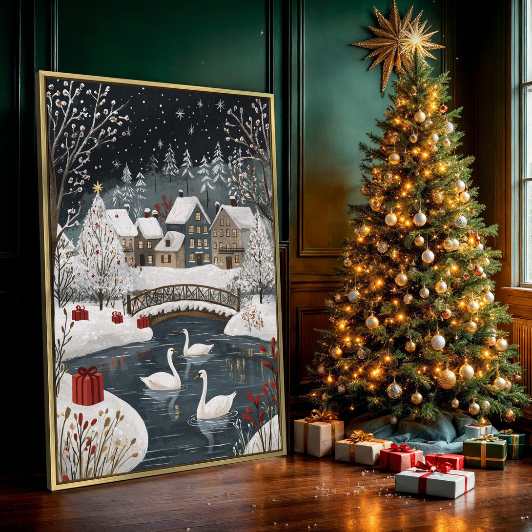 Canvas Print of a winter village scene with swans, featuring a cozy, illustrative style and a cool, muted color palette. Perfect for holiday decor.
