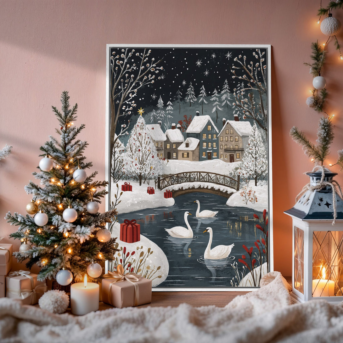 Framed Wall Art: Winter landscape Canvas Print with swans. Cozy, illustrated style in a blue, white, and red color palette. Perfect Christmas decor!