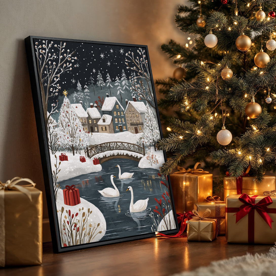 Framed Wall Art: Winter village scene with swans, snowy landscape, and dark blue/white color palette. Perfect holiday decor!