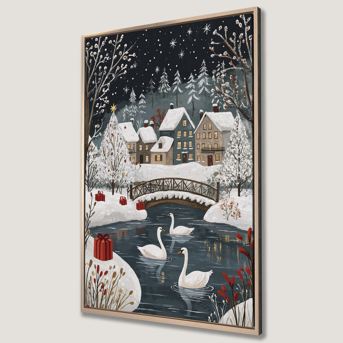 Framed Wall Art: Winter village scene with swans. Cozy illustration in blue, white, and red. Perfect holiday decor for your home.