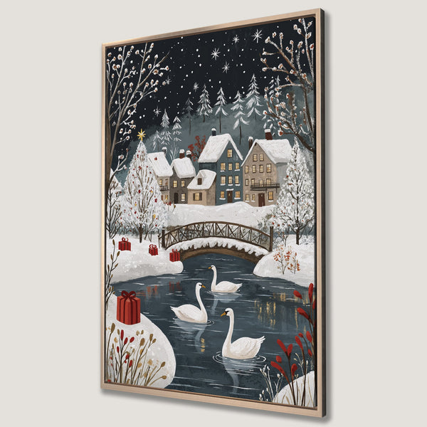 Framed Wall Art: Winter village scene with swans. Cozy illustration in blue, white, and red. Perfect holiday decor for your home.