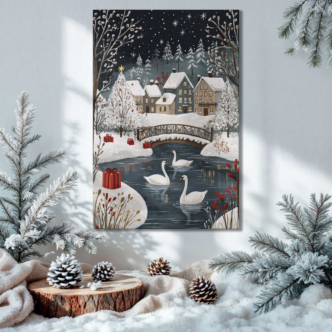 Framed Wall Art: Winter scene Canvas Print with swans, houses, and bridge in a cozy, whimsical style. Features a blue, white, and gold color palette.