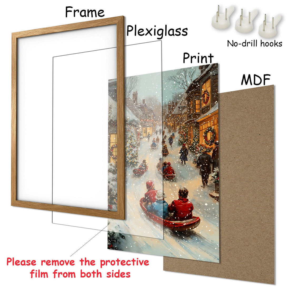 Framed Poster featuring a winter scene with people sledding. Warm, inviting colors in a classic art style. Ready to hang!