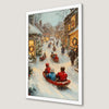Winter Village Sledding Scene Art Poster for Holiday Cheer