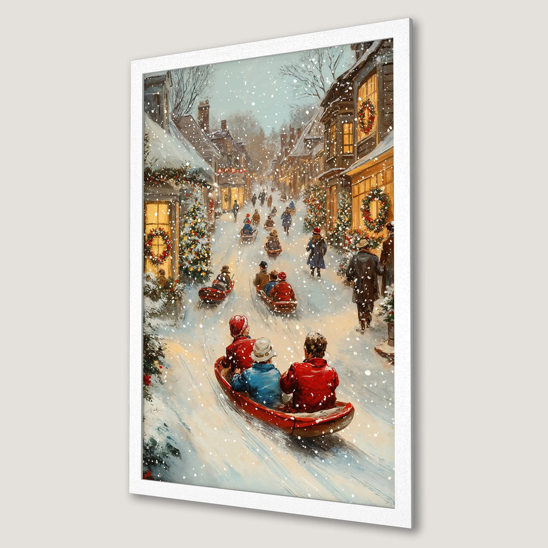 Framed Poster of a snowy Christmas scene with people sledding. Warm, inviting colors and a vintage art style. Perfect holiday decor!