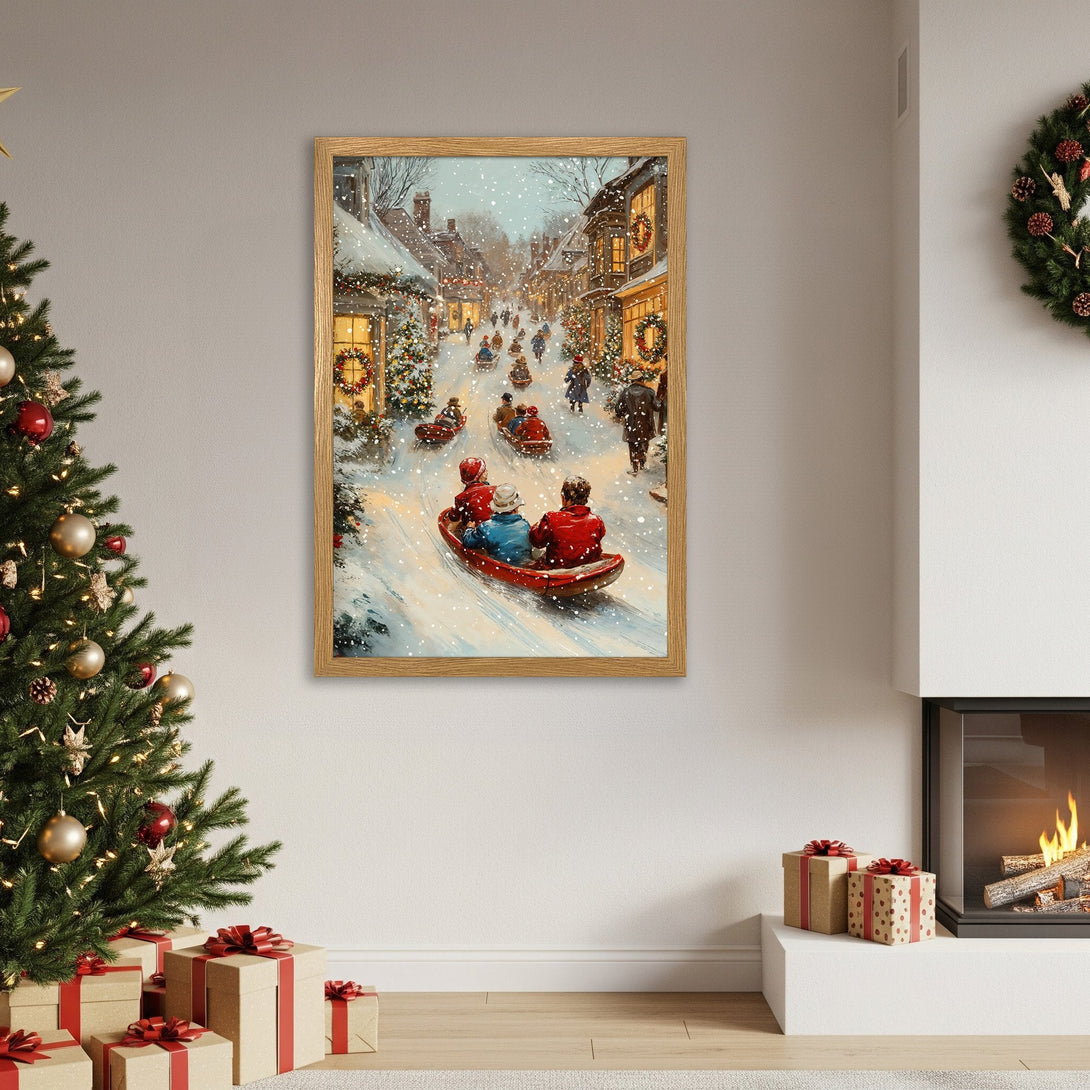Framed Poster of a snowy Christmas scene with people sledding. Warm, inviting colors and a charming, vintage style. Perfect holiday decor!