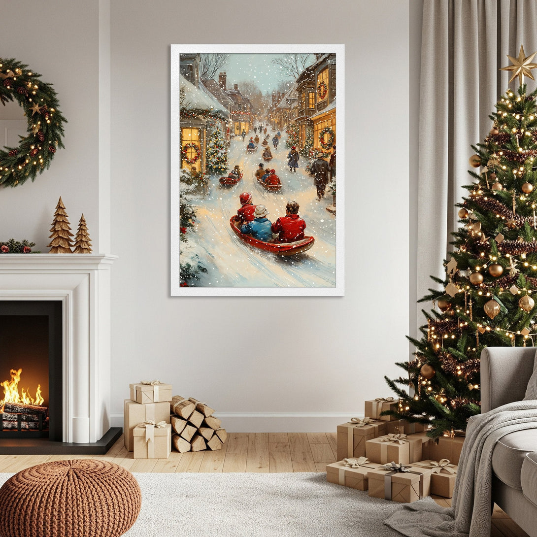 Framed Poster of a snowy Christmas scene in a warm, inviting style with a cozy color palette. Perfect holiday decor!