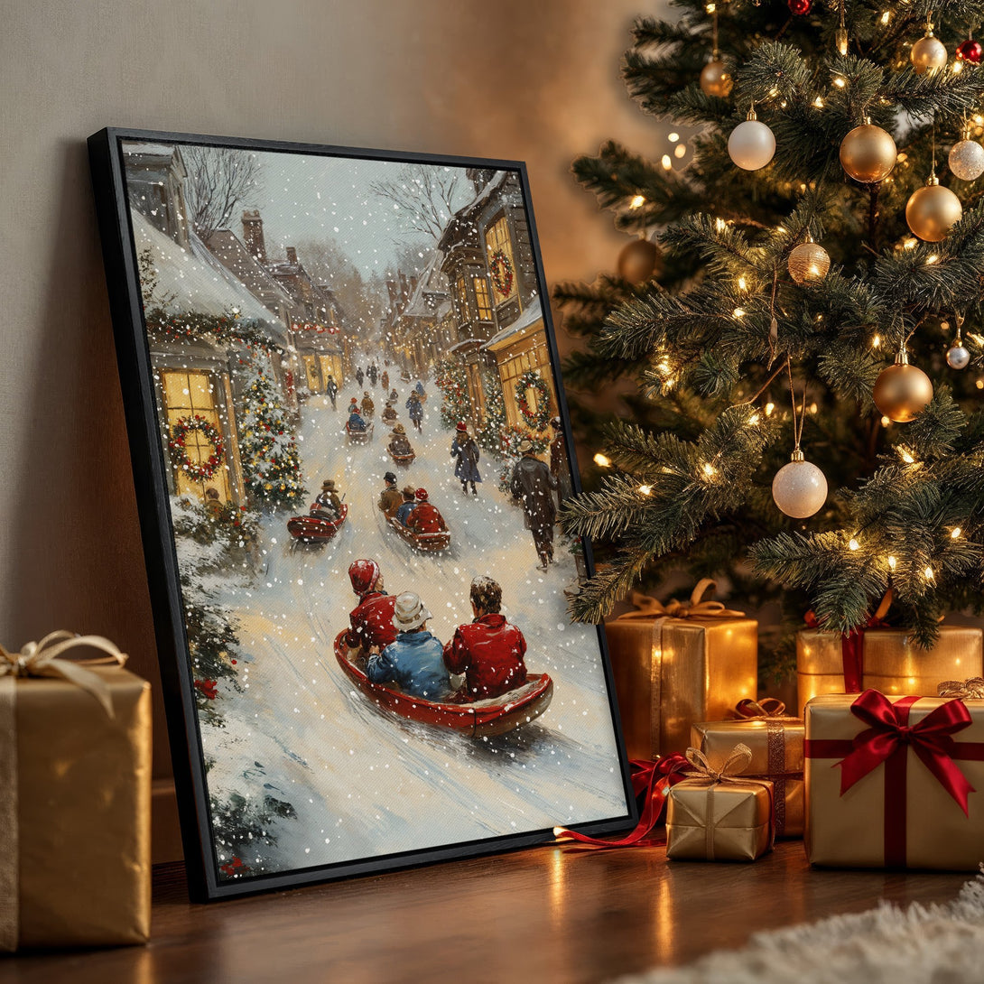 Framed Wall Art: Winter village scene with sledding, warm tones. Perfect Christmas decor. Canvas print adds cozy charm to any space.
