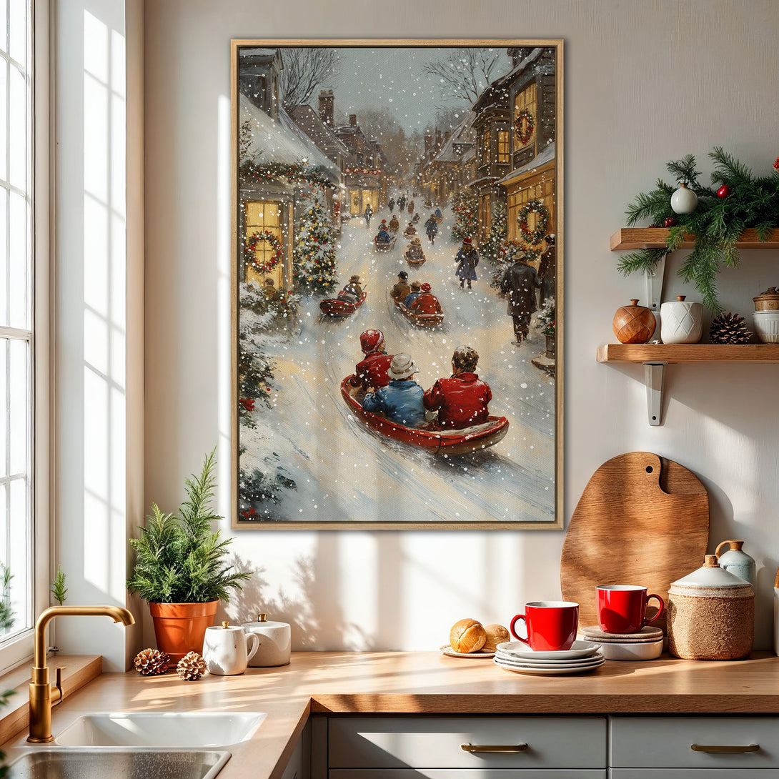 Framed Wall Art: Cozy winter scene Canvas Print featuring a snowy village with people sledding. Warm, inviting colors perfect for holiday decor.