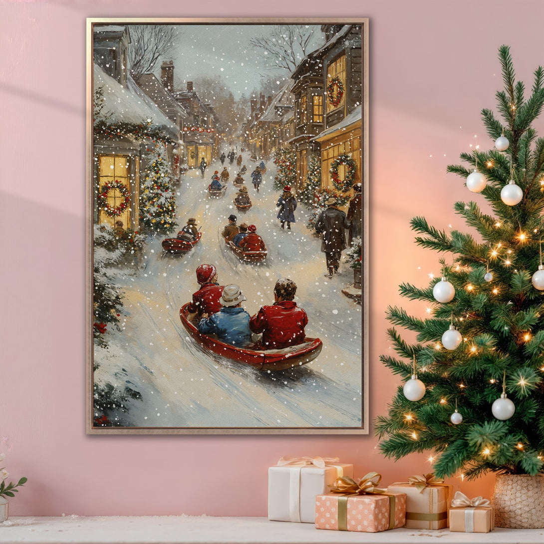 Framed Wall Art: Winter scene with people sledding, warm color palette. Cozy Christmas decor, perfect for holiday gifting.