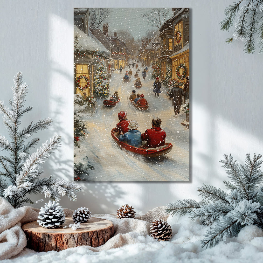 Framed Wall Art: Winter scene Canvas Print with a snowy village, featuring a warm color palette, perfect for holiday decor.