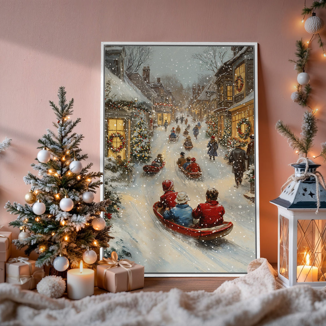 Framed Wall Art: Winter scene canvas print with a cozy, vintage style. Features a snowy village with people sledding, warm colors, and festive decor. Perfect holiday gift!