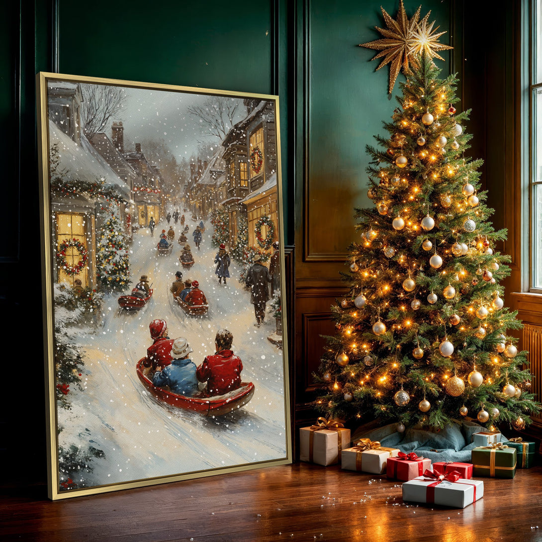 Canvas Print of a charming winter scene with people sledding down a snowy street. Warm, inviting color palette with a vintage, nostalgic feel. Perfect holiday decor!