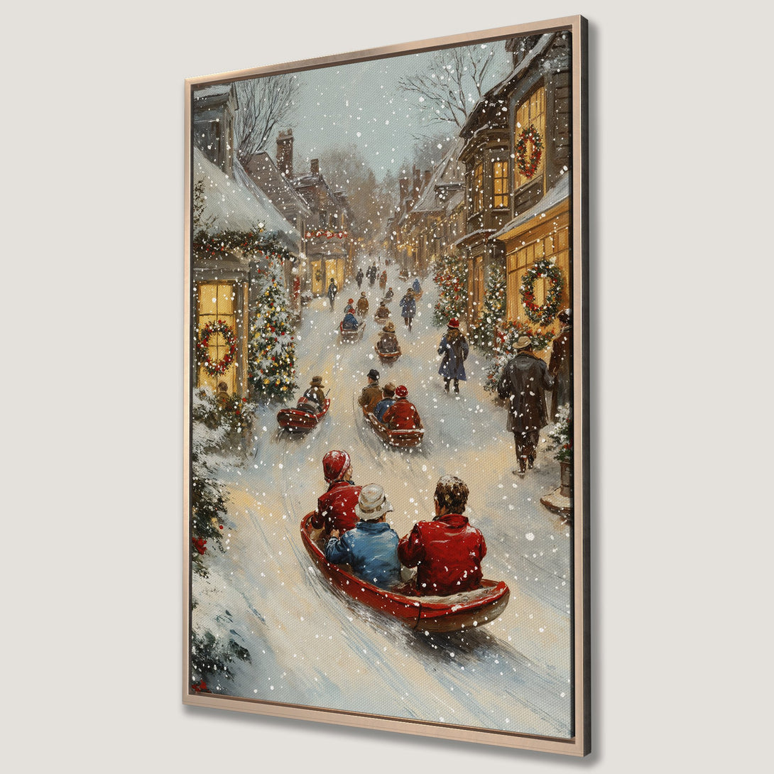 Framed Wall Art: Winter village scene with people sledding. Charming, vintage style with a warm color palette of reds, blues, and golds. Perfect holiday decor!