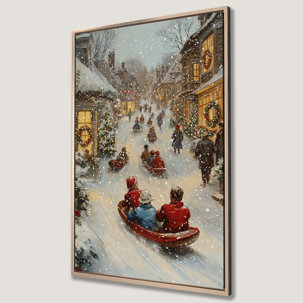 Framed Wall Art: Winter village scene with people sledding. Charming, vintage style with a warm color palette of reds, blues, and golds. Perfect holiday decor!