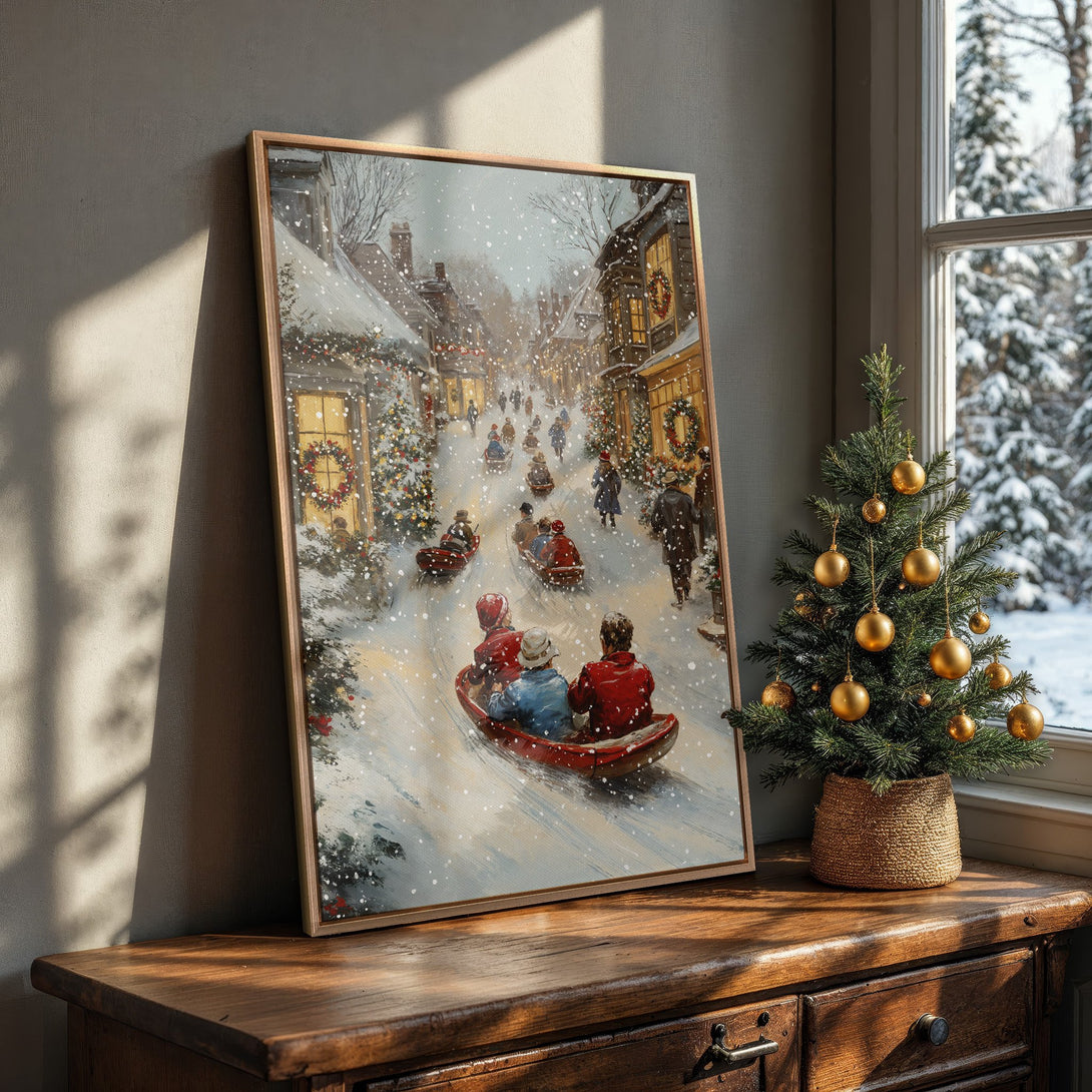 Framed Wall Art: Winter scene Canvas Print with a cozy, vintage style. Features a snowy village and sledding, with warm, inviting colors. Perfect holiday decor!