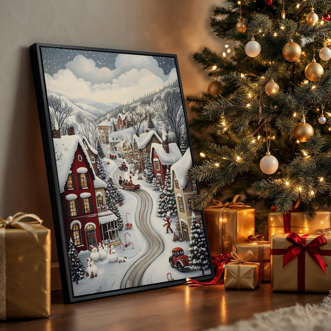Framed Wall Art of a snowy village scene in a watercolor style, with a warm, festive color palette. Perfect Christmas decor!