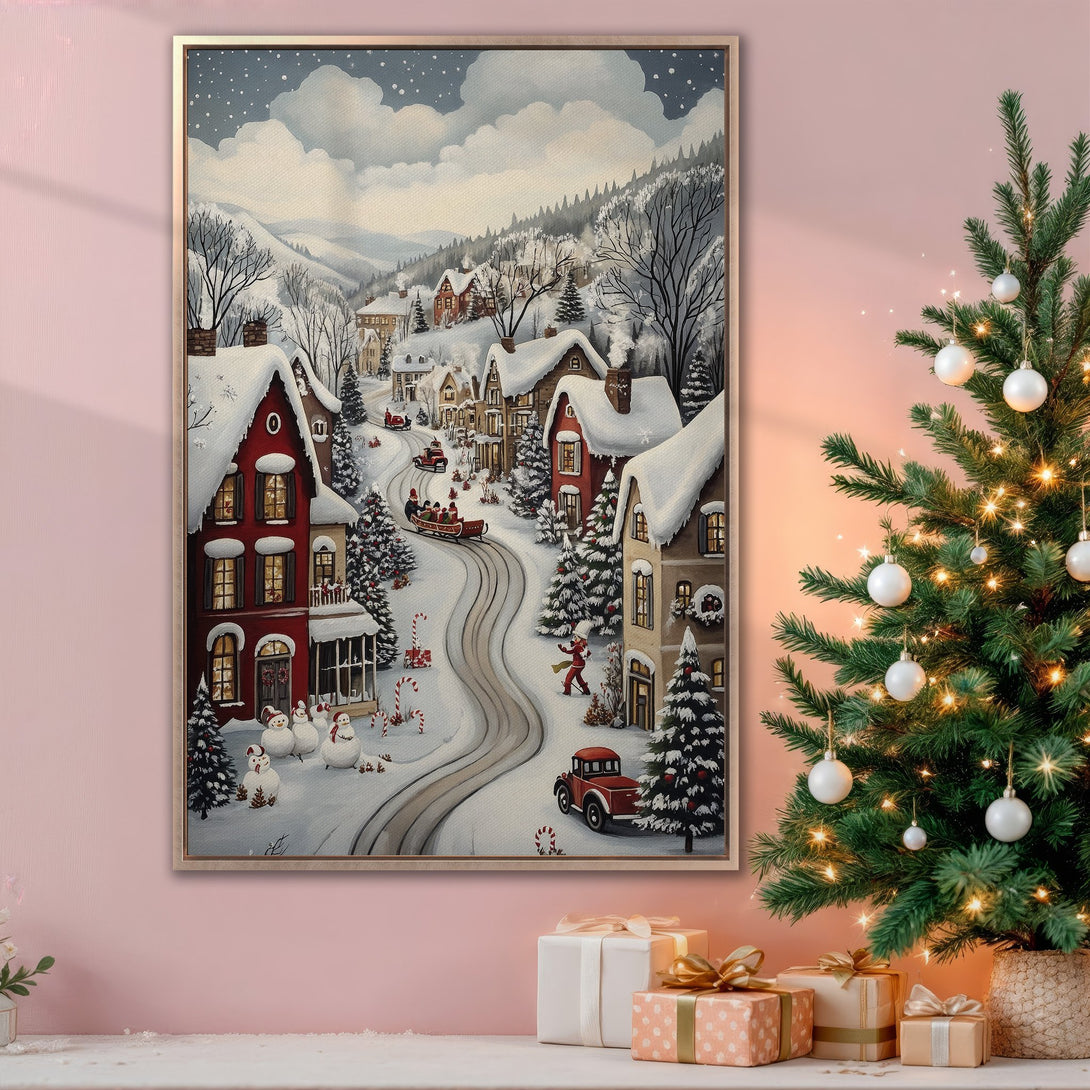 Framed Wall Art of a charming winter village scene. Cozy, vintage style canvas print with a snowy landscape, red houses, and a soft, muted color palette. Perfect for holiday decor!