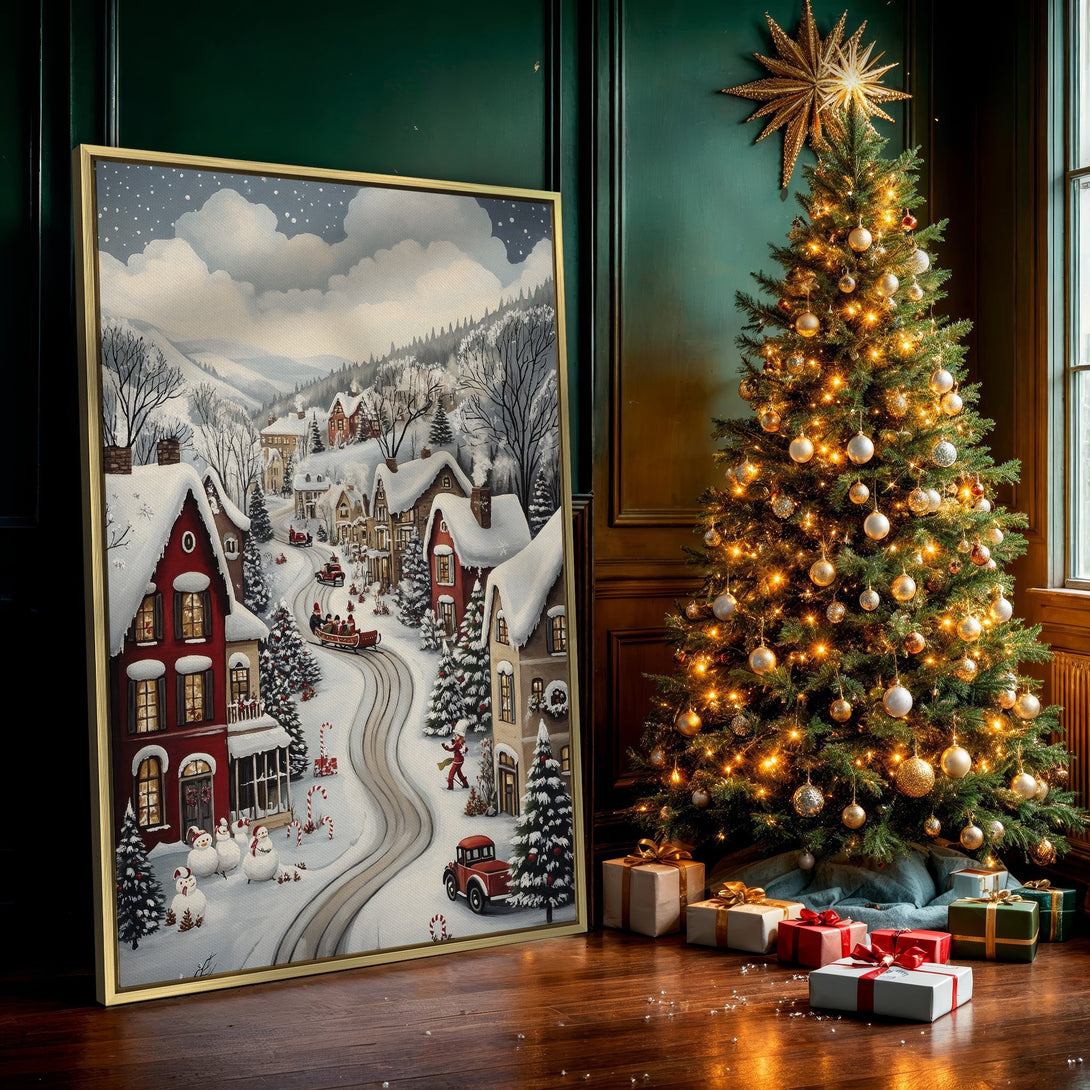 Canvas Print of a snowy winter village scene, featuring red houses and a warm, inviting color palette. Perfect for holiday decor!