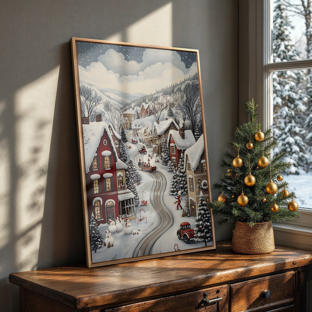 Framed Wall Art: Cozy winter village scene in a warm color palette. Perfect for holiday decor! Add a touch of charm with this Canvas Print.