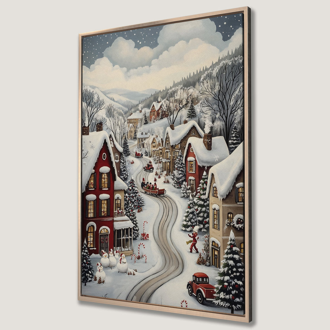 Framed Wall Art featuring a charming winter village scene. Cozy, whimsical style with red houses, snowy landscapes, and a warm, inviting color palette. Perfect holiday decor!